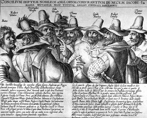 Krut: Bates, Robert Winter, Christopher Wright, John Wright, Thomas Percy, Guido Fawkes, Thomas Winter av Unknown artist