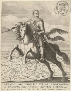 Gustav II Adolf framför en karta över Pommern i bakgrunden. 1630 av Unknown