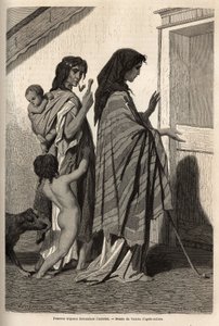Zigenska kvinnor och barn, i trasor eller halvnakna, frågar efter dörr till dörr almon i Essek (Donaubassängen). Gravyr för att illustrera minnen av resor bland södra slaver, av Georges Perrot, 1868, publicerad i "" Le tour du monde"" 1870-1871, redigera av Unknown artist