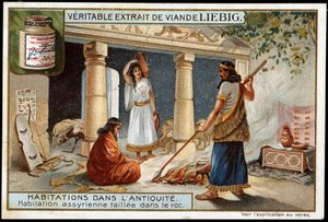 Boställen i antiken: Assyrisk bostad huggen i klippan (Mesopotamien) - Liebig-kromolitografi av Unknown artist