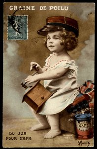 Hårigt frö - saft till pappa: ett barn gjuter kaffe, vykort, tidigt 1900-tal. av Unknown Artist