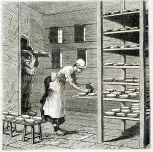 Haloir (eller torktumlare) för tillverkning av camembertost - i "" The wonders of the industry"" av Louis Figuier av Unknown artist