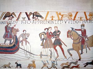 Harold II (1022 - 1066) landade i Normandie där han tillfångatogs av Vilhelm I Erövraren (1027 - 1087). Bayeux gobeläng, känd som Broderi av drottning Mathilde av Unknown artist