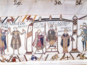Harold II (1022 - 1066) utropades till kung vid Edward Bekännarens död 1066 men dog snart i slaget vid Hastings. Bayeux gobeläng eller broderi av drottning Mathilde av Unknown artist
