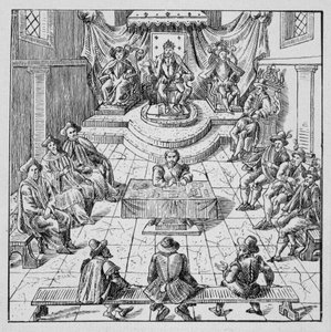 Henri III (1551 - 1589) innehar Estates Génales i Blois 1576 - i "" Samling av 39 figurer som representerar Frankrikes katastrofer från 1562 till 1586""; Louis Perrin imprimerie av Unknown artist