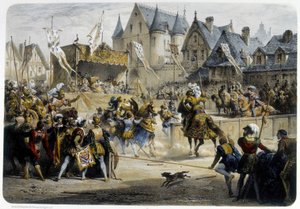 Henri II (1519 - 1559) sårades dödligt av Montgomery under turneringen den 29 juni 1559, rue St Antoine, framför Palais des Tournelles - litografi av Unknown artist