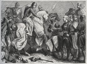 Henry III (Henry III Plantagenet av England) (1207-1272) fångas av Simon V av Montfort (ca 1208-1265) vid Lewes i Sussex 1264 - gravyr 1864 av Unknown artist