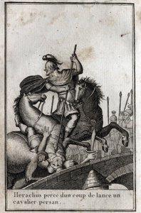 Heraclius I (Flavius Heraclius, Herakleios (cirka 575-610/641), bysantinsk kejsare, spjuter en persisk ryttare (krig mot perserna), 700-talet. Gravyr i "Beaute de l
