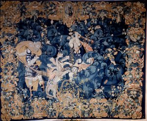 Hercules skjuter ner Hydran i Lerna som bränner hans tjänare Iolaus Tapestry ull och siden, anonym, sent 1500-tal. Titta, Renaissance National Museum. av Unknown artist