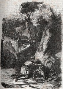 Hermonides välte och räddades av Zerbin - 1851 gravyr från "" Furious Roland"" (Orlando furioso) (1500-talet) av Ludovico Ariosto, känd som Ariosta - Upplaga översatt från italienska av greven av Tressan och publicerad av Gustave Harvard 1851 av Unknown artist