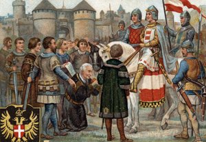 Historiska episoder av kända städer: Rudolf av Habsburg (Rodolf I av det heliga riket 1218-1291) tog Wien i besittning (1276). Rodolf I var kung av romarna och genom att ta staden Wien i besittning grundade han Habsburgarnas makt. Chromol av Unknown artist