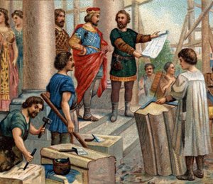 Historiska episoder av kända städer: Clovis elit Paris som permanent bostad (år 508). Kromolitografi av 1800-talet. av Unknown artist