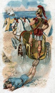 Historien om Achilles liv, legendariska hjältar från det trojanska kriget: Achilles dränerar Hectors kropp bakom sin tank. Kromolitografi från 1890. av Unknown artist