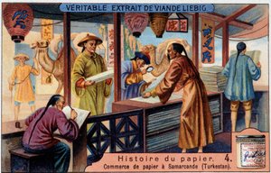 Pappers historia. 4. Pappershandel i Samarkand (= Samarkand) (Turkestan). Liebig kromolitografi av Unknown artist