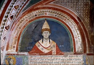 Sankt Franciskus av Assisis historia: representation av påven Innocenzo III, som visar bubblan som bekräftar det franciskanska styret 1210 (fresk) av Unknown artist