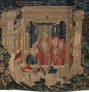 Historia om Saint Piat och Saint Eleuthère, scen 9: Saint Éleuthère bekräftas av påven som biskopen av Tournai av Unknown artist