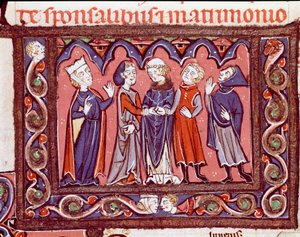 Den kanoniska lagens historia: "" bröllopsceremoni""" Miniatyr från "Decretales"" av Giovanni d