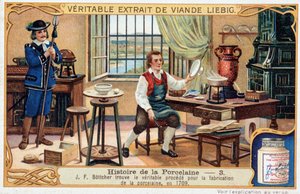 Porslinets historia: Johann Friedrich Bottger (Bottcher eller Bottiger) (1682-1719) hittar den sanna metoden för att tillverka porslin 1709 - Liebig-kromolitografi av Unknown artist