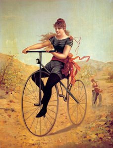 Cykelns historia: velocipedist eller en kvinna pedal på en cykel. Tryck från 1800-talet av Unknown artist