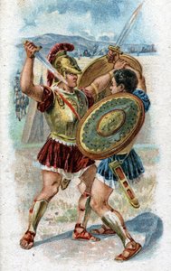 Historien om Achilles, legendariska hjältar från det trojanska kriget: Achilles kämpar mot Hector för att hämnas Patrocles död. Kromolitografi från 1890. av Unknown artist