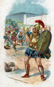 Historien om Achilles, legendariska hjältar från det trojanska kriget: Patroklos får tillstånd av Achilles att rädda grekerna genom att bära hans vapen. Han kommer att dödas av Hector, som tar Akilles vapen som byte. Kromolitografi från 1890. av Unknown artist