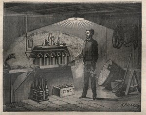 Home Electricite: Installation av batteriet som uppfanns av Radiguet i en källare - Gravyr i "La Science francaise" av Unknown artist