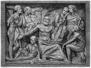 Homere sjunger med sin lyra i en stad i Jonien. Gravyr efter den låga reliefen av Mr. Hugues, storslagna skulpturpriset i 1875 års skoltävling. av Unknown artist