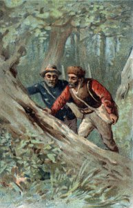 Honungsjägare i Kanada letar efter ett svärmträd. Kromolitografi i slutet av 1800-talet. av Unknown artist