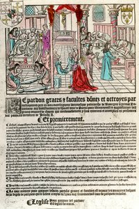 Sjukhus på 1500-talet: Avlatsbrev (Till höger: en sjukhusscen. Agauche: döende och död). Gravyr av 1500-talet. Privat samling. av Unknown artist