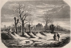 House of George Sand (1804-1876) (Aurore Dupin), friherrinnan Dudevant till Nohant Vic (Nohant-Vic) i Indre (36). Gravyr i ”Le Monde illustrious”” från 1857. Privat samling. av Unknown artist