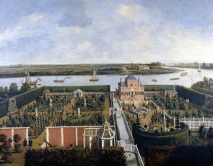 Hus på stranden av en flod. 1600-talsillustration. Historiska museet i Amsterdam av Unknown artist