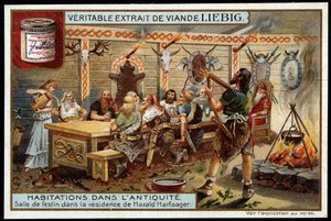 Hus i antiken: festlokal i Harald I Harfagers residens (850-933) dit Belle Chevelure, kung av Norge - Liebig-kromolitografi av Unknown artist