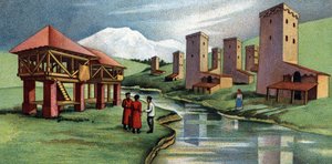 Houses with fortified towers, Western Caucasus, Sovietique Union (USSR) (Hus med befästa torn, Västra Kaukasus, Sovjetunionen) 1930-tal kromolitografi Privat samling av Unknown Artist