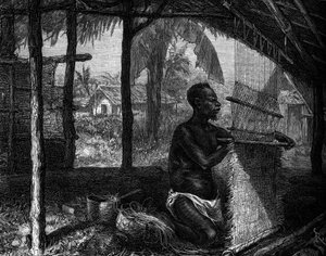 Human Zoo: vävare mjukgjorde Gabon på världsutställningen 1889. Gravyr i "" Le Journal de la jeunesse"" av Unknown artist