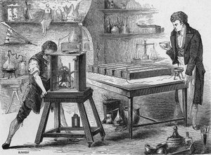 Humphry Davy bryter ner alkalierna med det voltaiska batteriet. I "Album de la Science", Éditions Jouvet av Unknown artist