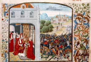 Hundraåriga krig: ”” Påven Gregoire XI (1329-1378) krönte Avignon 1370. Slaget vid Pontvallain mellan franska och engelska den 4/12/1370”” Miniatyr från ”Chronicles”” av Jean Froissart (1337-1400) 1400-talets Paris. B.N. av Unknown artist