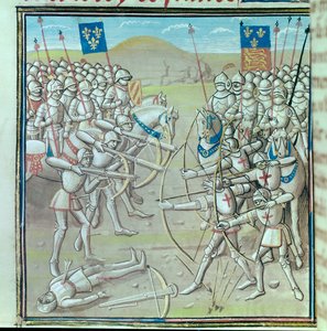 Hundraåriga kriget: slaget vid Crecy den 26/08/1346 mellan fransmän och engelsmän. Miniatyr från ett 1300-talsmanuskript Paris, Bibliotheque de l
