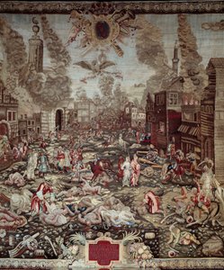 Ungerns erövring: ”” Österrikarna tar Buda tillbaka från de osmanska turkarna den 02/09/1686”” Buda är en del av dagens Budapest. Krigsherrarna är Karl V av Lorraine och Miksa Emanuel II. Våldsscener, husbränder. Detalj av en gobeläng. 17:e ce av Unknown artist