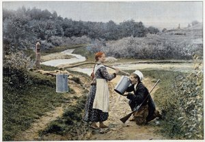 Jägare och flicka vid fontänen (Ryssland) - fotografi, sent 1800-tal av Unknown artist