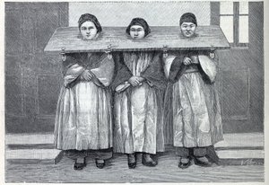 Jakt i Kina: cangue, en plågaapparat (en sorts pelare) gäller för barnmördande mödrar. Gravyr i "" La Nature"" av Unknown artist