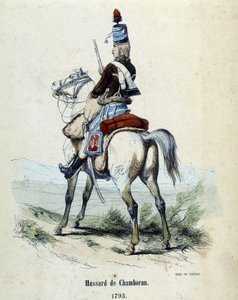 Hussard de Chamborant a 1793 till häst. av Unknown artist