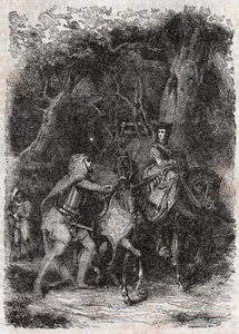 Hypalca Arreted by Rodomont - 1851 gravyr från "" Furious Roland"" (Orlando furioso) (1500-talet) av Ludovico Ariosto, känd som Ariosto - Upplaga översatt från italienska av greven av Tressan och publicerad av Gustave Harvard 1851 av Unknown artist