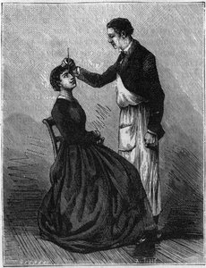 Hypnosfenomen: Hypnotism produceras genom att fästa en pennhållare mellan ögonen. Gravyr från 1881. av Unknown artist