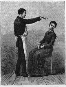 Hypnosfenomen: hypnotism produceras genom att plötsligt sträcka ut handen framför patienten. Gravyr från 1881. av Unknown artist
