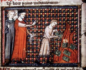 Ikonoklaster kastar miniatyrmanuskript i elden. 1300-talsmanuskript. av Unknown artist