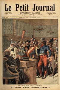 Illustration till askonsdagen, efter Mardi Gras-karnevalen, passerar festdräkterna framför domaren för att avslöja sig själva. Gravyr i "" Le petit journal"" 1893-02-18. Selvas samling. av Unknown artist
