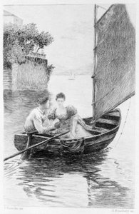 Illustration av "Red and Black" av Stendhal. 1830. Julien Sorel och Madame de Renal representerade på en segelbåt. Gravyr från slutet av 1800-talet. av Unknown artist