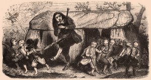 Illustration av en legend efter bretonska traditioner: den laotiska säckpipsspelaren och troll som dansar framför en dolmen av Unknown