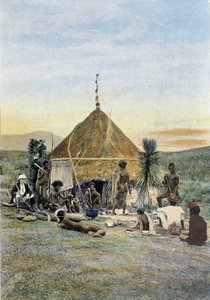 Illustration av ett telegrafiskt läger nära Uarai i Nya Kaledonien. av Unknown artist
