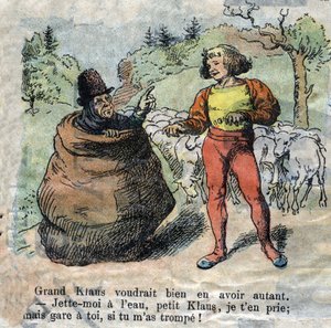 Illustration av slutet av 1800-talet för berättelsen av Hans Christian Andersen (1805-1875) "Store Claus och Lille Claus" (Klaus). Privat samling. av Unknown artist